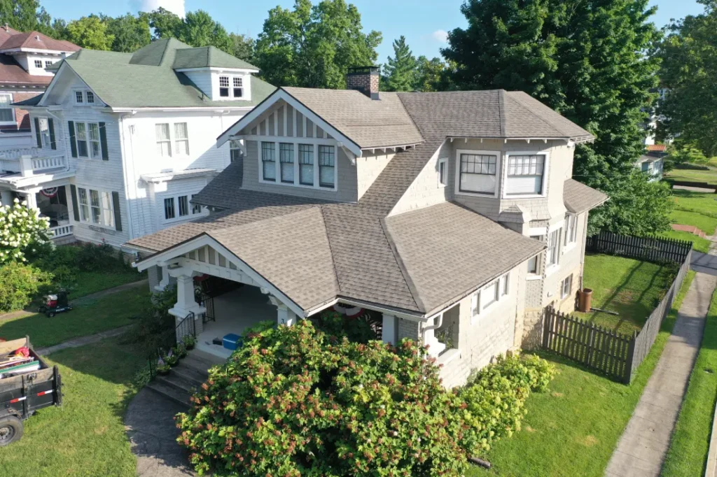 Roof and siding colors on a residential exterior